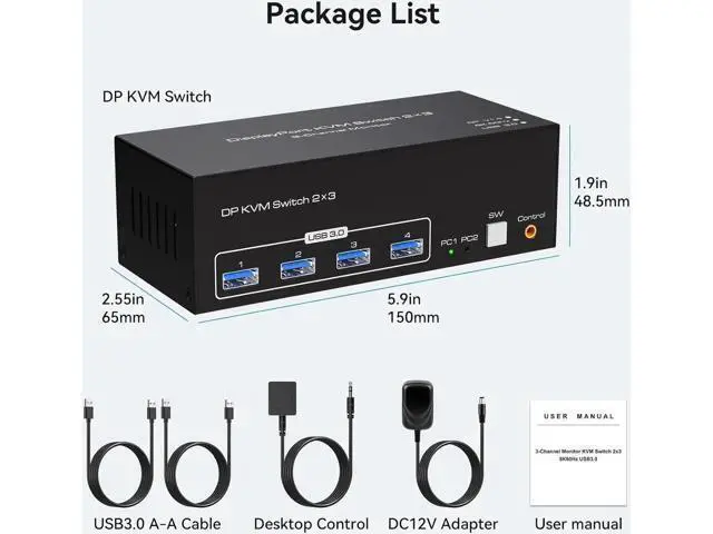 Alt view image 7 of 7 - USB 3.0 Displayport KVM Switch Triple Monitor, 8K@60Hz 2K@120Hz USB DP Extended Display Switcher for 2 Computers 3 Monitors and 4 USB 3.0 Ports, EDID Support Extended & Duplicate Mode