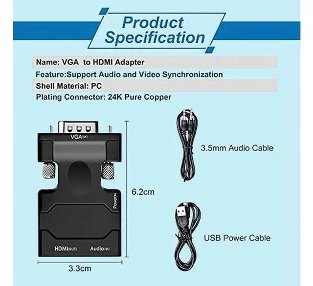 Alt view image 7 of 7 - VGA to HDMI Adapter VGA to HDMI Video Converter Adapter VGA Male to Female HDMI with Audio for TV Computer Projector(Including Power and Audio Cable)