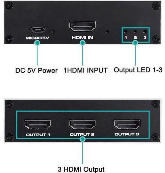 Alt view image 2 of 7 - HDMI Splitter 1 in 3 Out -4K Hdmi Splitter 1x3 Ports v1.4 Powered 4K/2K Full Ultra HD 1080p US Adapter 3D Support
