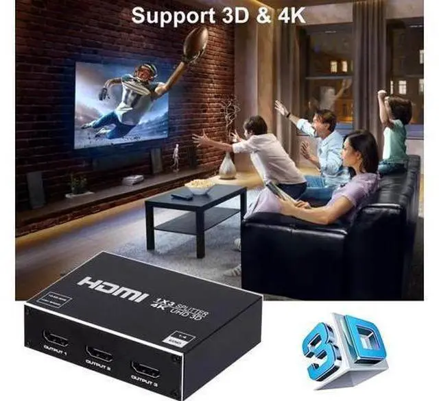 Alt view image 7 of 7 - HDMI Splitter 1 in 3 Out -4K Hdmi Splitter 1x3 Ports v1.4 Powered 4K/2K Full Ultra HD 1080p US Adapter 3D Support