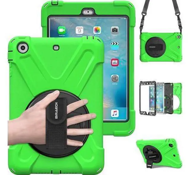 Main image of iPad Mini 1 Case iPad Mini 2 Case iPad Mini 3 Case, Rotating Kickstand/Hand Grip/Adjustable Shoulder Strap Heavy Duty Rugged Kids Cover Case for iPad Mini 1st/2nd/3rd Gen-Green