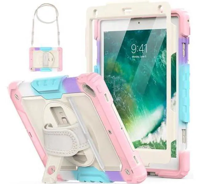 Main image of for iPad Air 2 Case, iPad 6th 5th Generation/Pro 9.7 inch Case with Screen Protector, Hand Strap, Built-in Stand, Carrying Strap, Pencil Holder, Protective iPad 9.7 Case for Kids, Pink
