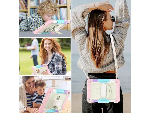 Alt view image 3 of 7 - for iPad Air 2 Case, iPad 6th 5th Generation/Pro 9.7 inch Case with Screen Protector, Hand Strap, Built-in Stand, Carrying Strap, Pencil Holder, Protective iPad 9.7 Case for Kids, Pink