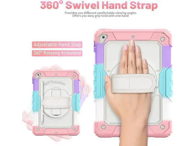 Alt view image 4 of 7 - for iPad Air 2 Case, iPad 6th 5th Generation/Pro 9.7 inch Case with Screen Protector, Hand Strap, Built-in Stand, Carrying Strap, Pencil Holder, Protective iPad 9.7 Case for Kids, Pink