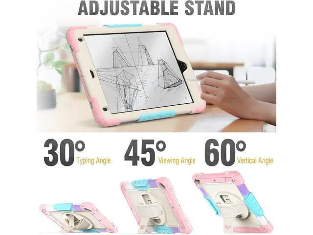 Alt view image 5 of 7 - for iPad Air 2 Case, iPad 6th 5th Generation/Pro 9.7 inch Case with Screen Protector, Hand Strap, Built-in Stand, Carrying Strap, Pencil Holder, Protective iPad 9.7 Case for Kids, Pink