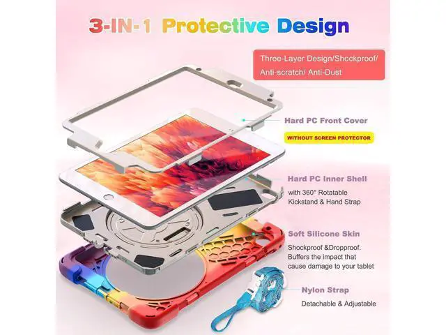 Alt view image 5 of 6 - iPad Mini 5 Case, iPad Mini 5th Generation Case, Protective Shockproof Rugged Kids Case with Pencil Holder, Hand Strap, Shoulder Strap, Kickstand for Apple iPad Mini 5/4 -Rainbow