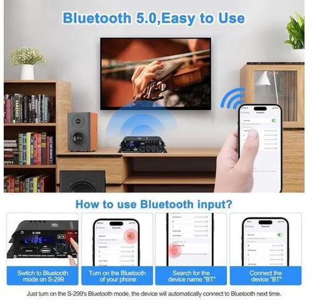Alt view image 2 of 7 - Audio Power Amplifier for Home Speakers -S-299 Bluetooth 5.0 Power Amp 4.1 Channel RMS 40Wx4 Subwoofer AMP DC 12V/5A Mini Integrated Digital Amplifier with USB/SD & AUX Jack