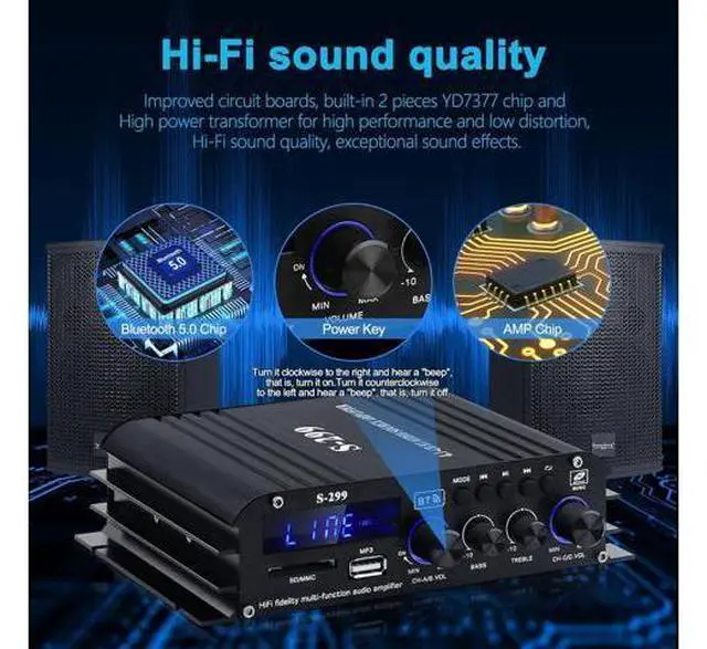 Alt view image 3 of 7 - Audio Power Amplifier for Home Speakers -S-299 Bluetooth 5.0 Power Amp 4.1 Channel RMS 40Wx4 Subwoofer AMP DC 12V/5A Mini Integrated Digital Amplifier with USB/SD & AUX Jack
