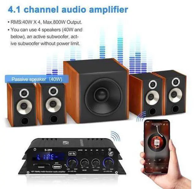 Alt view image 4 of 7 - Audio Power Amplifier for Home Speakers -S-299 Bluetooth 5.0 Power Amp 4.1 Channel RMS 40Wx4 Subwoofer AMP DC 12V/5A Mini Integrated Digital Amplifier with USB/SD & AUX Jack
