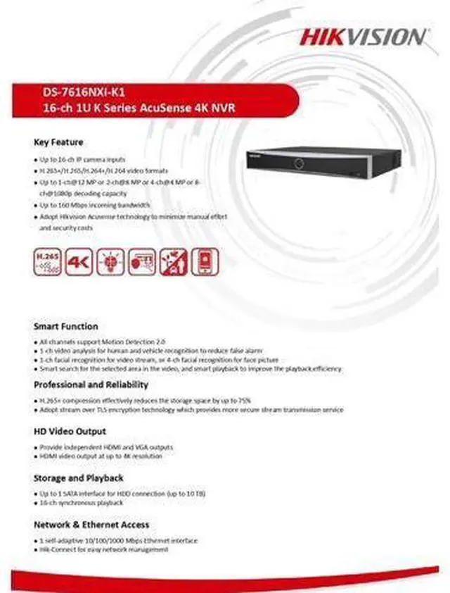 Alt view image 3 of 7 - DS-7616NXI-K1 12MP 16 Channel 4K 1SATA Network Video Recorder H.265+