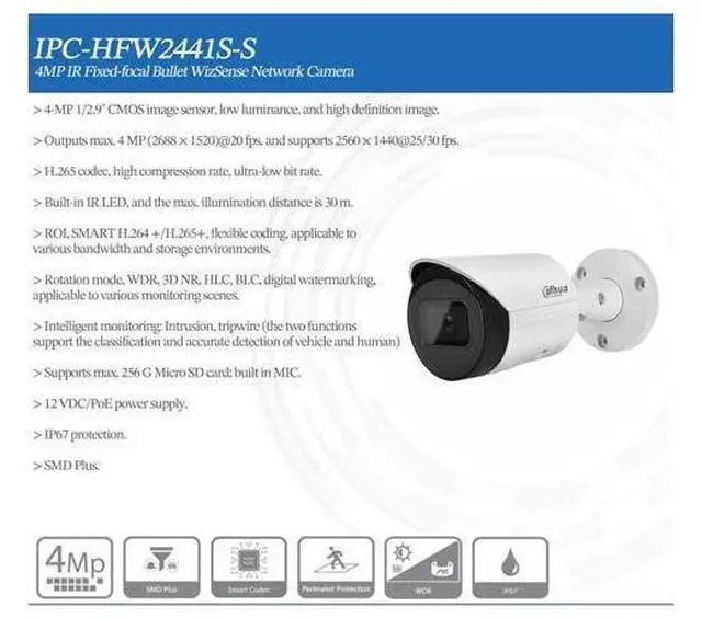 Alt view image 4 of 7 - IPC-HFW2441S-S replace IPC-HFW2431S-S-S2 4MP IR Fixed-focal Bullet WizSense Network IPC Black 3.6mm lens