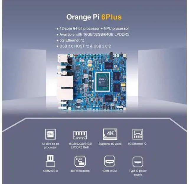 Alt view image 3 of 7 - Orange Pi 6 Plus 16GB/32GB LPDDR5 CIX CD8180/CD8160 12-Core Single Board Computer with Active Cooling System, Support 45 Tops AI Computing Power, Mini PC Run Ubuntu/Debian/Android/Windows/ROS2 (32GB)