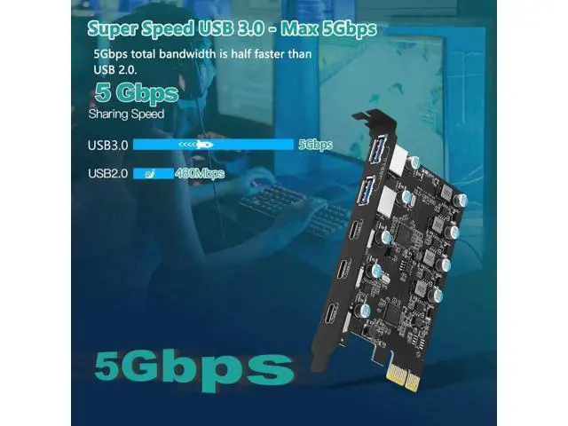 Alt view image 2 of 7 - 5 Ports (3X USB C - 2X USB A) USB PCI Express Card PCIe, 5Gbps High Speed USB3.0 PCI-EX1 X4 X8 X16 Adapter Converter for Desktop PC, for XP, WIN7, WIN8, WIN8.1, WIN10