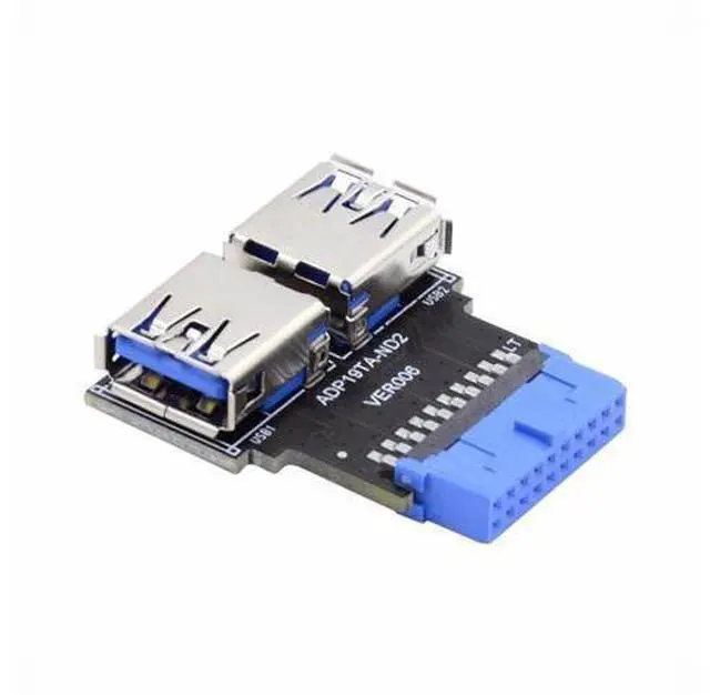 Main image of Dual USB 3.0 A Type Female to Motherboard 20/19 Pin Box Header Slot Adapter 5Gbps Horizontal Type PCBA