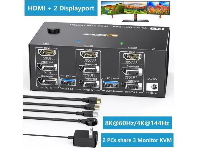 Alt view image 3 of 7 - 2 Displayport + HDMI Triple Monitor USB 3.0 KVM Switch 3 Monitors 2 Computers, 8K@60Hz, 4K@144Hz Triple KVM Switch with 4 USB 3.0 Ports, KVM Triple Monitor Keyboard Mouse Switcher,Included KVM Cables