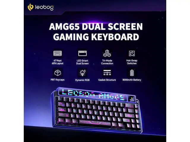 Alt view image 2 of 7 - AMG65 Mechanical Gaming Keyboard with Dual Screen, 65% Wireless Small Custom Keyboard RGB, Bluetooth/2.4G/Wired, Rapid Trigger, Hot Swappable for Windows Laptop PC Mac - Purple