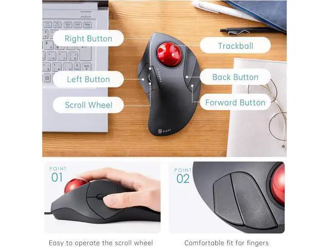 Alt view image 5 of 7 - Wired Ergonomic Trackball Mouse, Optical Rollerball Mice, Programmable Silent Buttons, 44mm Trackball, 600/800/1200/1600 Adjustable DPI, Compatible with MacBook, Laptop, Windows, macOS