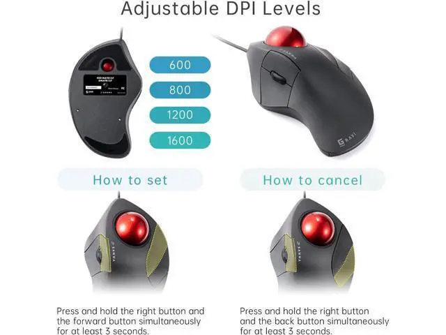 Alt view image 7 of 7 - Wired Ergonomic Trackball Mouse, Optical Rollerball Mice, Programmable Silent Buttons, 44mm Trackball, 600/800/1200/1600 Adjustable DPI, Compatible with MacBook, Laptop, Windows, macOS