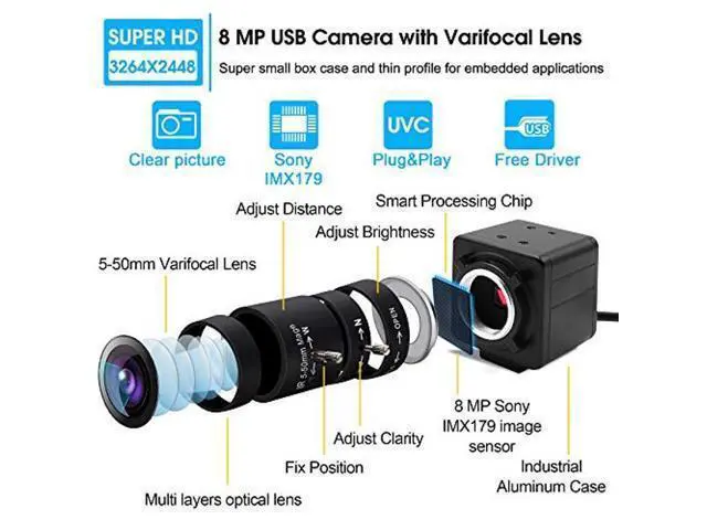 Alt view image 2 of 5 - 8MP Webcam 5-50mm Varifocal Lens USB Camera for Indoor Outdoor Super HD 3264X2448 Embeded Camera for Industrial,USB with Camera for Linux Windows Android Mini Web Cam Plug&Play OTG Supported Webcam