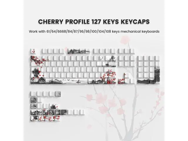 Alt view image 2 of 5 - Womier PBT Keycaps, Custom White Japanese Keyboard Keycaps 60 65 75 100 Percent, Shine Through Cherry Profile Keycaps, Doubleshot Side Print Dye Sub Keycaps Set 127 Keys, Cherry Blossom (White3)