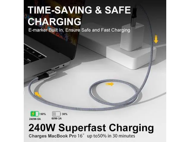 Alt view image 4 of 7 - 240W USB C to USB C Cable 10ft, USB C 3.2 Gen 2 Cable 20Gbps Data, 90 Degree Right Angle Thunderbolt 3 USB C to C Cable, 4K@60Hz Video Cord to Compatible with USB-C MacBook, i-Pad Pro, Monitor etc.
