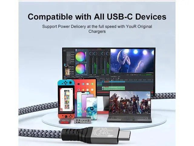 Alt view image 7 of 7 - 240W USB C to USB C Cable 10ft, USB C 3.2 Gen 2 Cable 20Gbps Data, 90 Degree Right Angle Thunderbolt 3 USB C to C Cable, 4K@60Hz Video Cord to Compatible with USB-C MacBook, i-Pad Pro, Monitor etc.