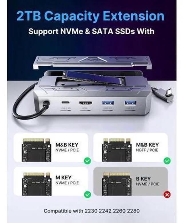 Alt view image 3 of 7 - JSAUX M.2 Docking Station 6-in-1 for Steam Deck/ROG Ally with 65W AC Adapter Charger Set, HDMI 2.0 4K@60Hz, Ethernet, Dual USB-A 3.2 & USB-C Ports Compatible with Steam OLED HB0604 (SSD Not Included)