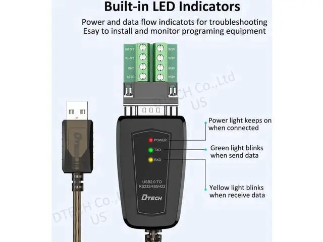 Alt view image 4 of 7 - DTech USB to Serial Adapter RS422 RS485 R232 to USB Cable (3 in 1 Interface) Supports DC 5V with Breakout Board LED Lights for Multi-Kind Control Devices Windows 11 10 8 7 XP Mac (1.5ft)
