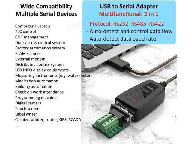 Alt view image 5 of 7 - DTech USB to Serial Adapter RS422 RS485 R232 to USB Cable (3 in 1 Interface) Supports DC 5V with Breakout Board LED Lights for Multi-Kind Control Devices Windows 11 10 8 7 XP Mac (1.5ft)