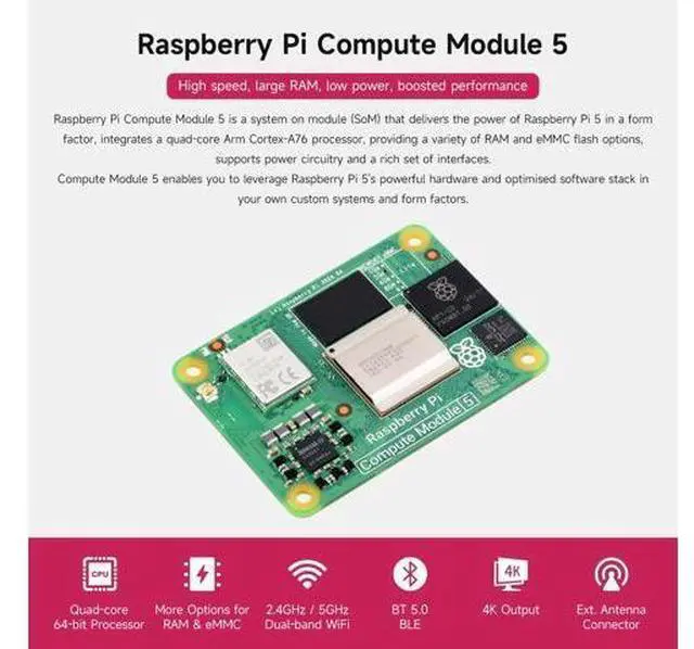Alt view image 3 of 7 - CM5 Pi Compute Module 5, Comes with an Official Raspberry Pi CM5108000 (with Wireless, 8GB RAM, 0GB (Lite) eMMC Flash), an Antenna Kit and a HEATSINK (3 Items)