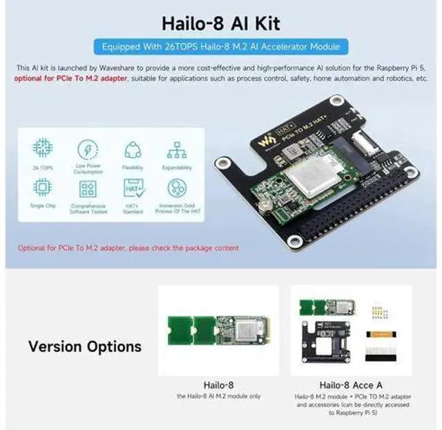 Alt view image 3 of 5 - Hailo-8 M.2 AI Accelerator Module, Compatible with Raspberry Pi 5, Supports Linux/Windows Systems, Based On The 26TOPS Hailo-8 AI Processor, Comes with PCIe to M.2 Adapter Board