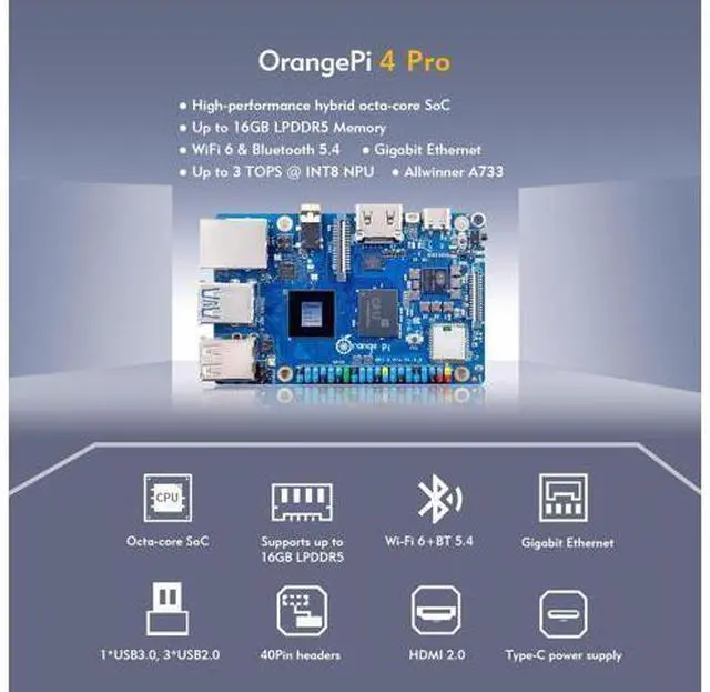 Alt view image 3 of 7 - Orange Pi 4 Pro 4GB/6GB/8GB/12GB LPDDR5 Allwinner A733 8-Core Single Board Computer with 3 Tops NPU, WiFi 6/Bluetooth 5.4,Development Board with eMMC Socket Run Ubuntu/Debian/Android (4GB)