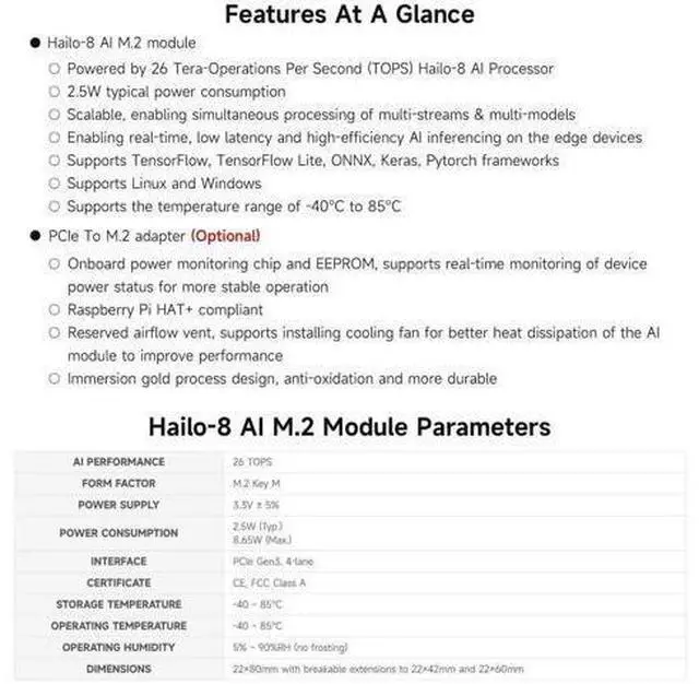 Alt view image 4 of 5 - Hailo-8 M.2 AI Accelerator Module, Compatible with Raspberry Pi 5, Supports Linux/Windows Systems, Based On The 26TOPS Hailo-8 AI Processor, Comes with PCIe to M.2 Adapter Board