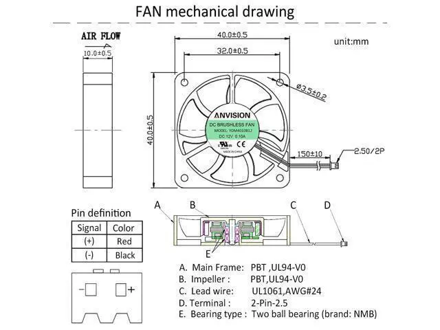 Alt view image 5 of 7 - 2-Pack 40mm x 10mm DC 12V Brushless Cooling Fan, Dual Ball Bearing, YDM4010B12