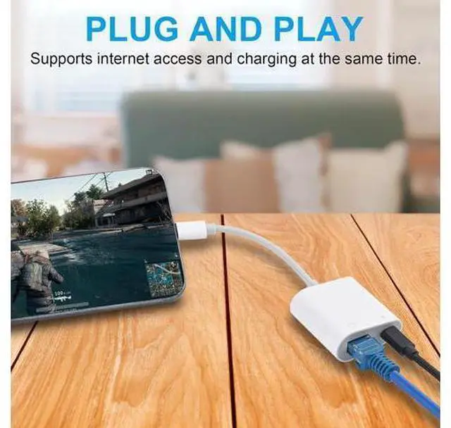 Alt view image 6 of 6 - Lightning to Ethernet Adapter,2 in 1 RJ45 Ethernet LAN Network Adapter with Charging Port for Phone,Pad 10/100Mbps High Speed,Plug and Play
