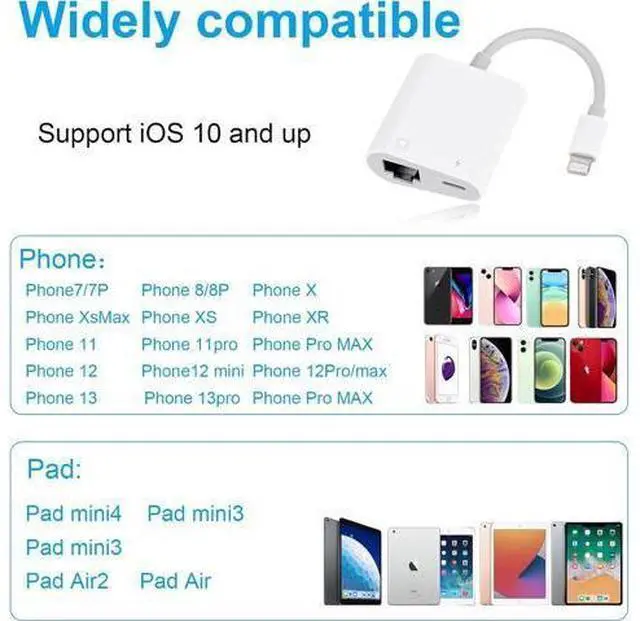 Alt view image 4 of 6 - Lightning to Ethernet Adapter,2 in 1 RJ45 Ethernet LAN Network Adapter with Charging Port for Phone,Pad 10/100Mbps High Speed,Plug and Play