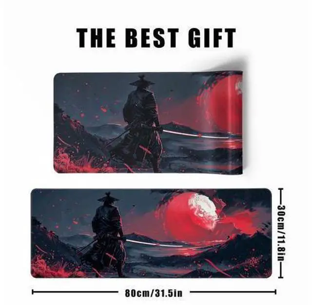 Alt view image 3 of 7 - Black Desk Mat Japanese Samurai Mouse Pad XL Red Anime Big Mousepad Gaming Large Mouse Pad for Men Desk Pad with Stitched Edges Non-Slip Large Computer Mat, 31.5x11.8 in