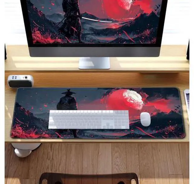 Alt view image 7 of 7 - Black Desk Mat Japanese Samurai Mouse Pad XL Red Anime Big Mousepad Gaming Large Mouse Pad for Men Desk Pad with Stitched Edges Non-Slip Large Computer Mat, 31.5x11.8 in
