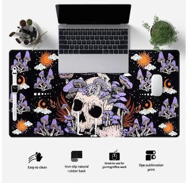 Alt view image 2 of 5 - Black Mouse Pad Mushroom Desk Pad Skull Skeleton Purple Pc Laptop Office Keyboard Mouse Pads, Large Gaming Setup Office Extra Large Deskmat Laptop Mousepad 31.5x15.8 in-with Stitched Eges
