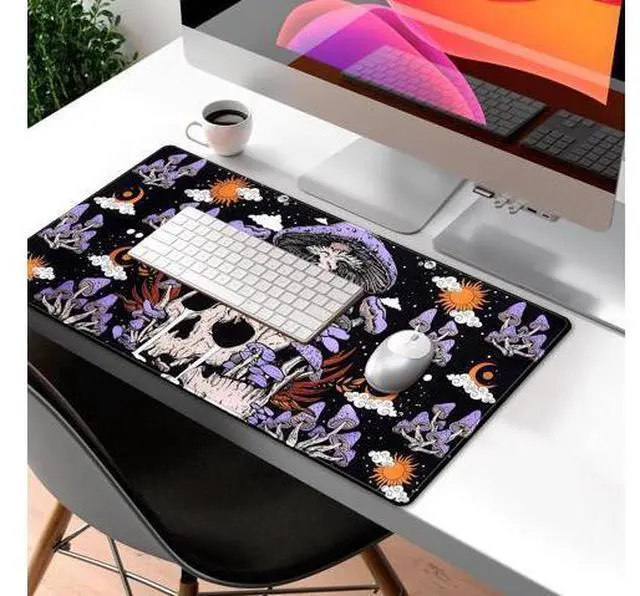 Alt view image 3 of 5 - Black Mouse Pad Mushroom Desk Pad Skull Skeleton Purple Pc Laptop Office Keyboard Mouse Pads, Large Gaming Setup Office Extra Large Deskmat Laptop Mousepad 31.5x15.8 in-with Stitched Eges