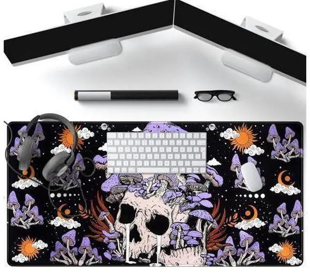 Alt view image 4 of 5 - Black Mouse Pad Mushroom Desk Pad Skull Skeleton Purple Pc Laptop Office Keyboard Mouse Pads, Large Gaming Setup Office Extra Large Deskmat Laptop Mousepad 31.5x15.8 in-with Stitched Eges