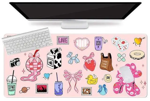 Alt view image 2 of 5 - L-SPOUTTO Pink Desk Mat for Keyboard and Mouse,Cute XXL Large Mouse Pad,35.4x15.7in Non-Slip Keyboard Pad Waterproof Girly Desktop Mat for Laptop Computer Work Game Home Office-Cartoon Pink