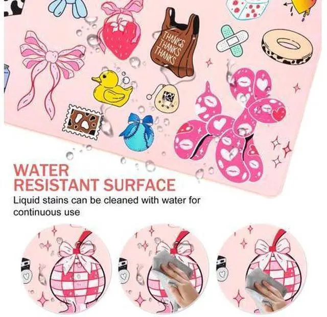 Alt view image 3 of 5 - L-SPOUTTO Pink Desk Mat for Keyboard and Mouse,Cute XXL Large Mouse Pad,35.4x15.7in Non-Slip Keyboard Pad Waterproof Girly Desktop Mat for Laptop Computer Work Game Home Office-Cartoon Pink