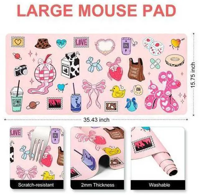 Alt view image 5 of 5 - L-SPOUTTO Pink Desk Mat for Keyboard and Mouse,Cute XXL Large Mouse Pad,35.4x15.7in Non-Slip Keyboard Pad Waterproof Girly Desktop Mat for Laptop Computer Work Game Home Office-Cartoon Pink
