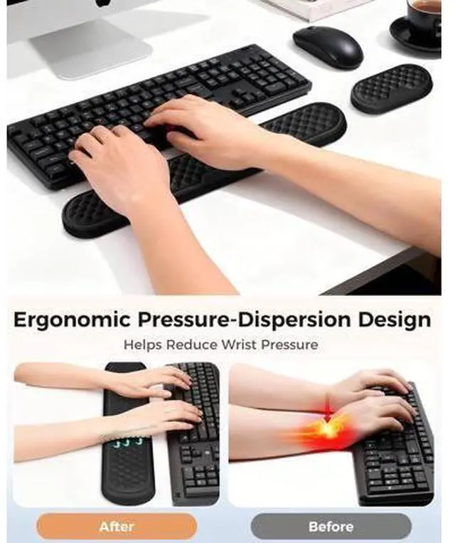 Alt view image 2 of 7 - Wrist Rest Set for Keyboard and Mouse, Ergonomic Wrist Support with Memory Foam, Silky Lycra Cover, Non-Slip Base, Helps Ease Wrist Pressure and Fatigue During Long Typing and Gaming Sessions (Black)