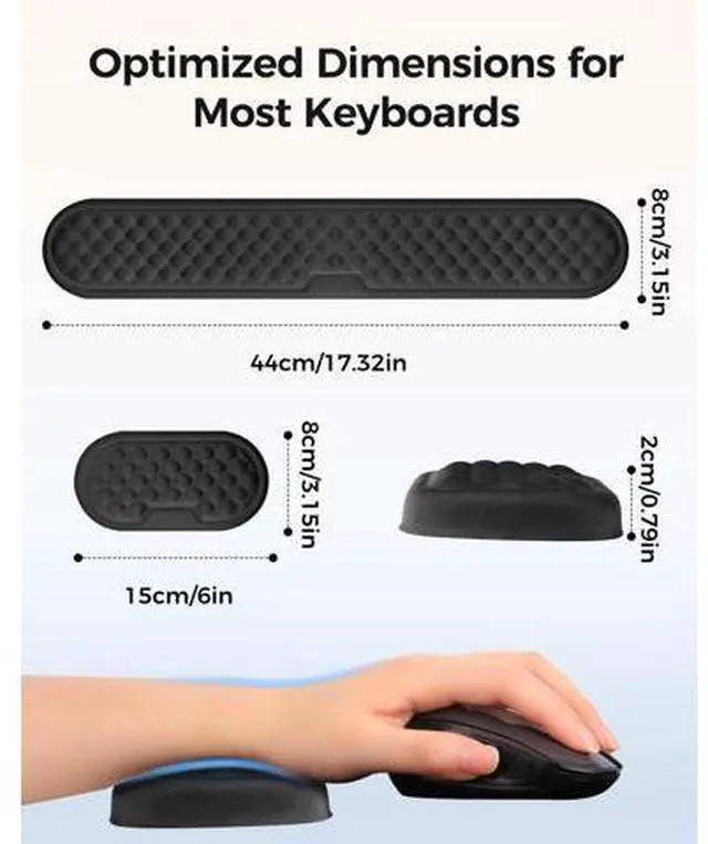 Alt view image 7 of 7 - Wrist Rest Set for Keyboard and Mouse, Ergonomic Wrist Support with Memory Foam, Silky Lycra Cover, Non-Slip Base, Helps Ease Wrist Pressure and Fatigue During Long Typing and Gaming Sessions (Black)