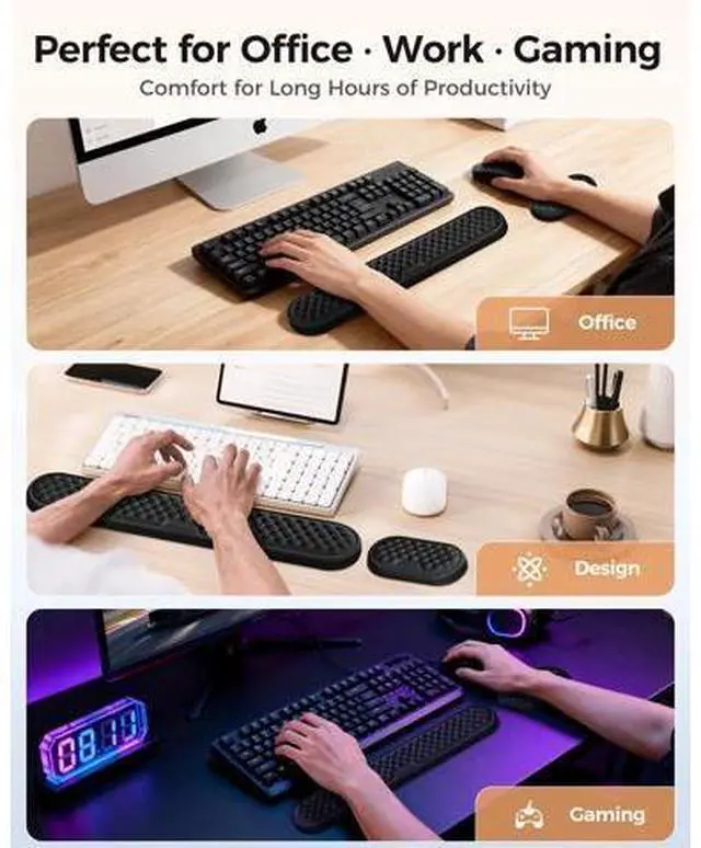 Alt view image 6 of 7 - Wrist Rest Set for Keyboard and Mouse, Ergonomic Wrist Support with Memory Foam, Silky Lycra Cover, Non-Slip Base, Helps Ease Wrist Pressure and Fatigue During Long Typing and Gaming Sessions (Black)