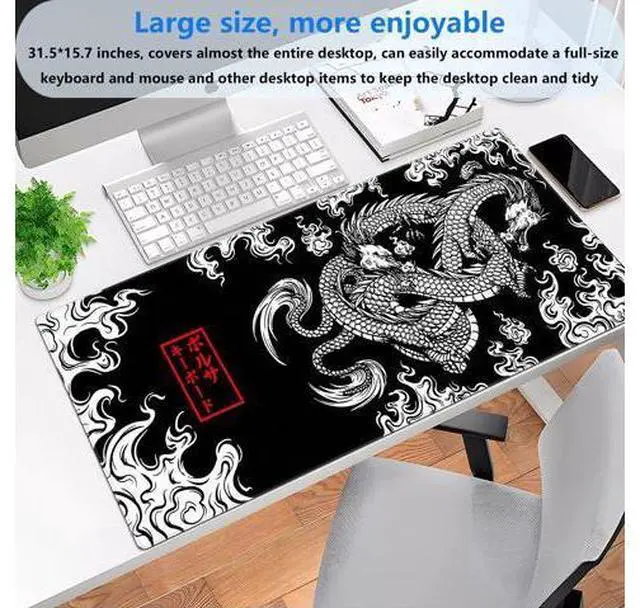Alt view image 2 of 7 - Black and White Mouse Pad Extra Large Gaming Mousepad XL Dragon Desk Mats Japanese Full Desk Keyboard Mat Computer Pad Desk Matt with Stitched Edges Non-Slip Desktop Mat 31.5 x15.7 in
