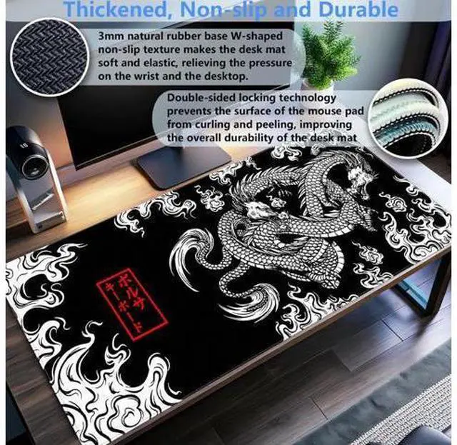 Alt view image 3 of 7 - Black and White Mouse Pad Extra Large Gaming Mousepad XL Dragon Desk Mats Japanese Full Desk Keyboard Mat Computer Pad Desk Matt with Stitched Edges Non-Slip Desktop Mat 31.5 x15.7 in