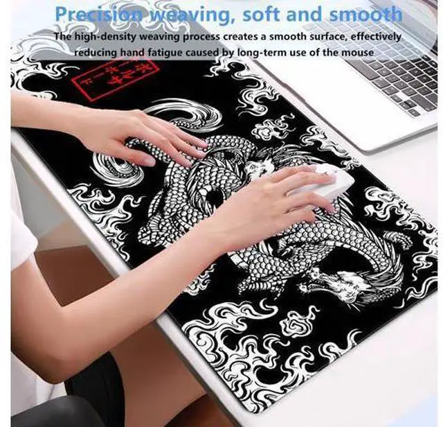Alt view image 4 of 7 - Black and White Mouse Pad Extra Large Gaming Mousepad XL Dragon Desk Mats Japanese Full Desk Keyboard Mat Computer Pad Desk Matt with Stitched Edges Non-Slip Desktop Mat 31.5 x15.7 in